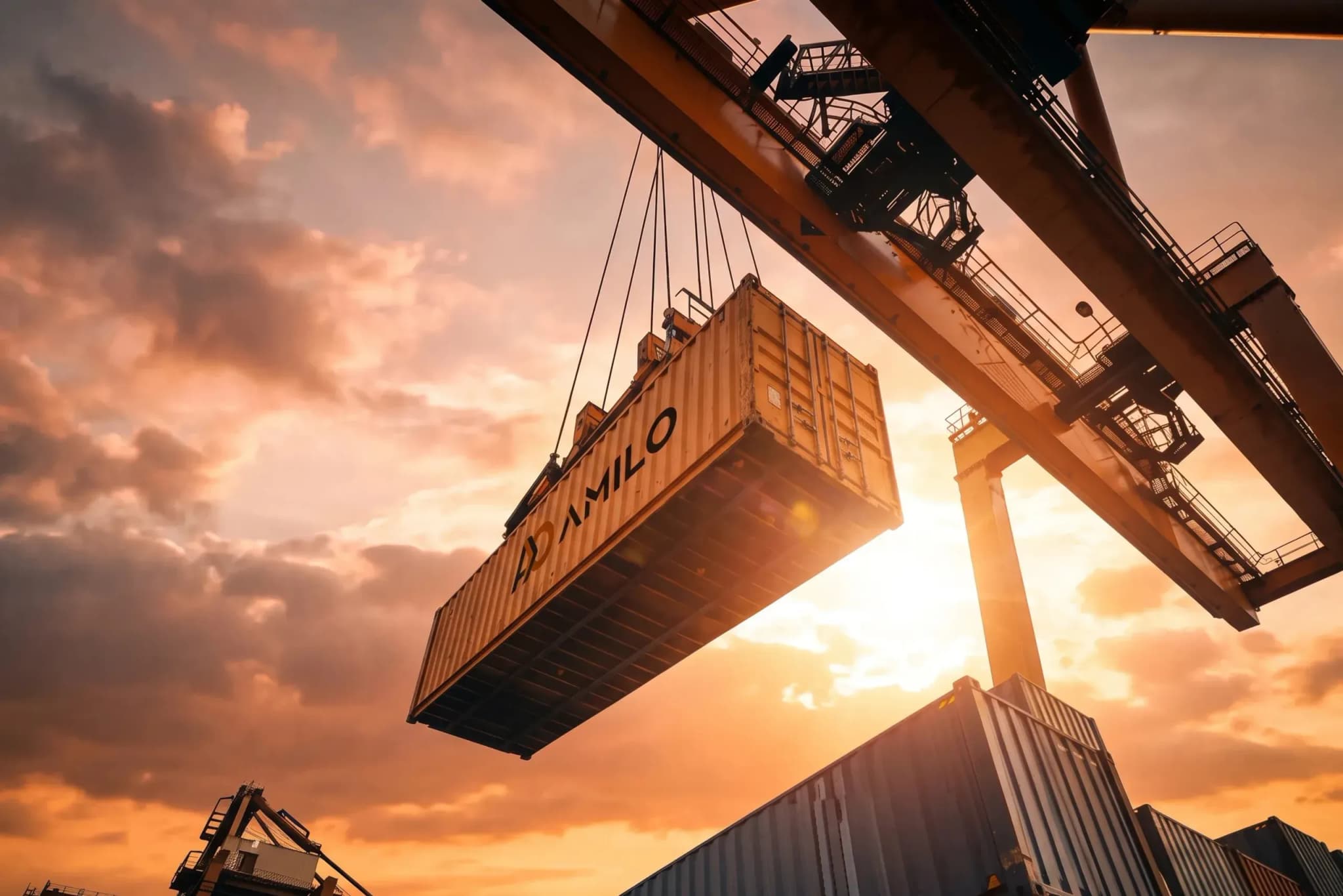 An AMILO-branded shipping container suspended from a gantry crane against a sunset sky at a container port, with stacked containers below.