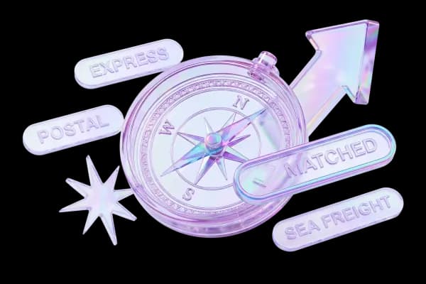 Iridescent compass with floating service-label tags and a Matched indicator
