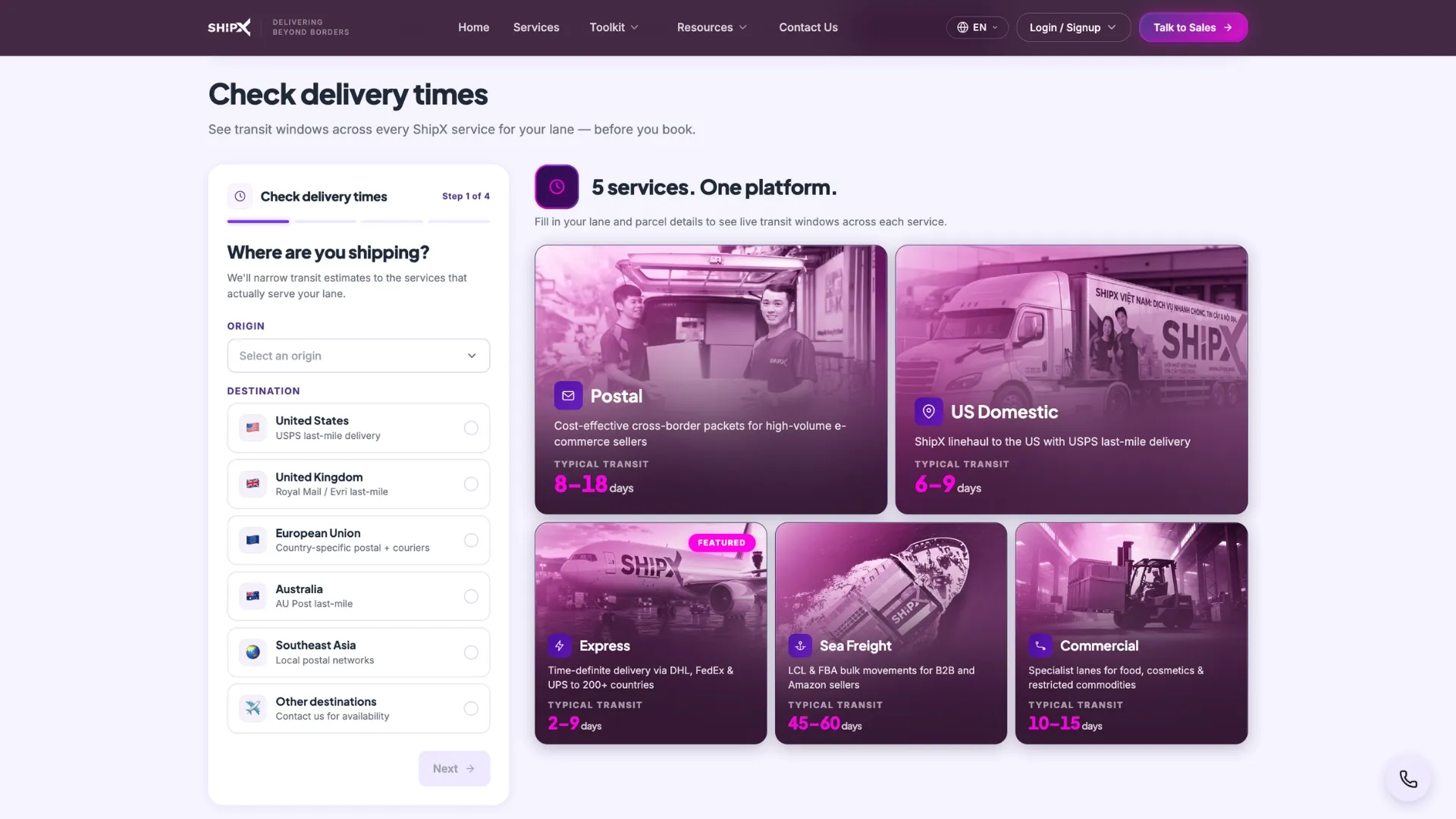ShipX Transit Time tool — live delivery window lookup for ASEAN cross-border shipping lanes
