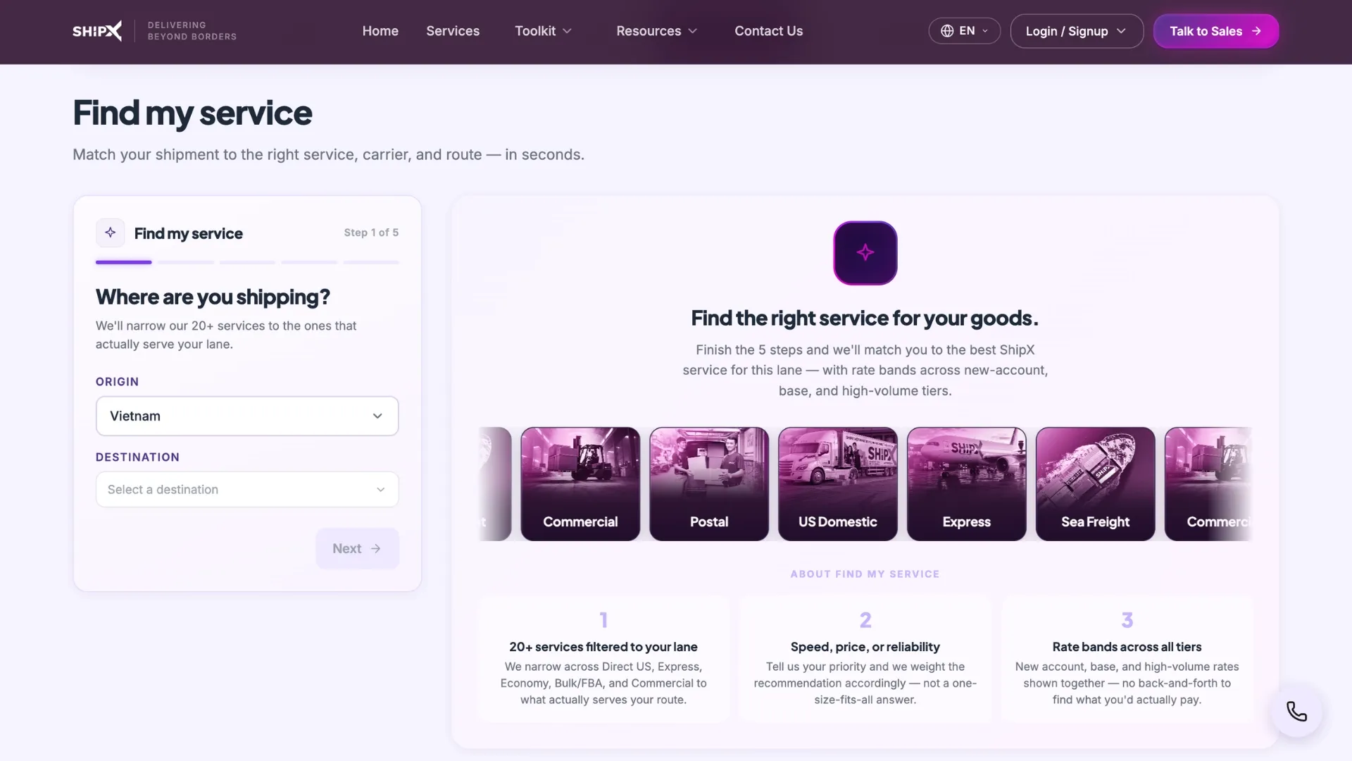 ShipX Product Wizard — find the right cross-border shipping service for your lane and priorities