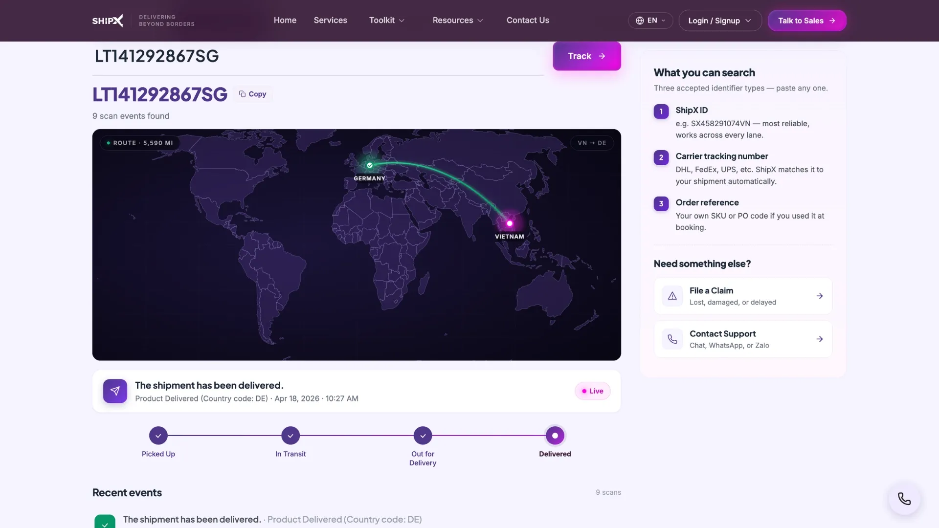ShipX Shipment Tracker — real-time cross-border shipment status lookup across 50+ carriers